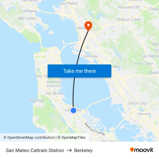 San Mateo Caltrain Station to Berkeley map