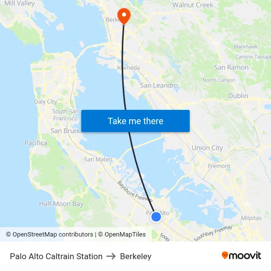 Palo Alto Caltrain Station to Berkeley map