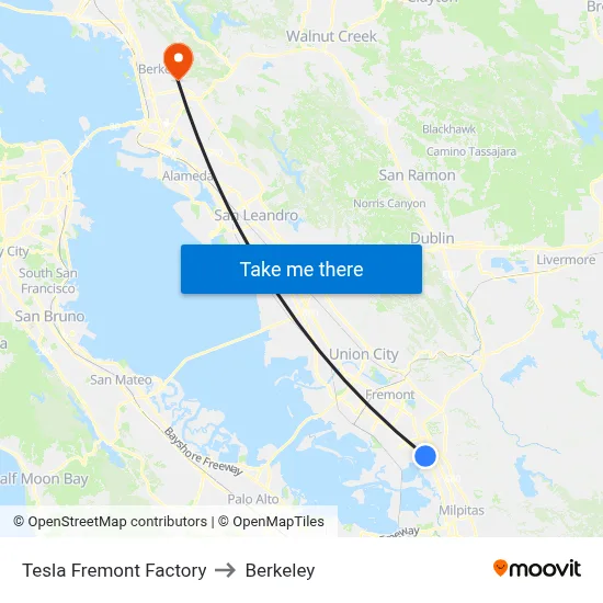 Tesla Fremont Factory to Berkeley map