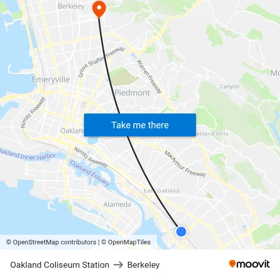 Oakland Coliseum Station to Berkeley map