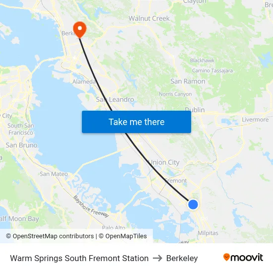 Warm Springs South Fremont Station to Berkeley map
