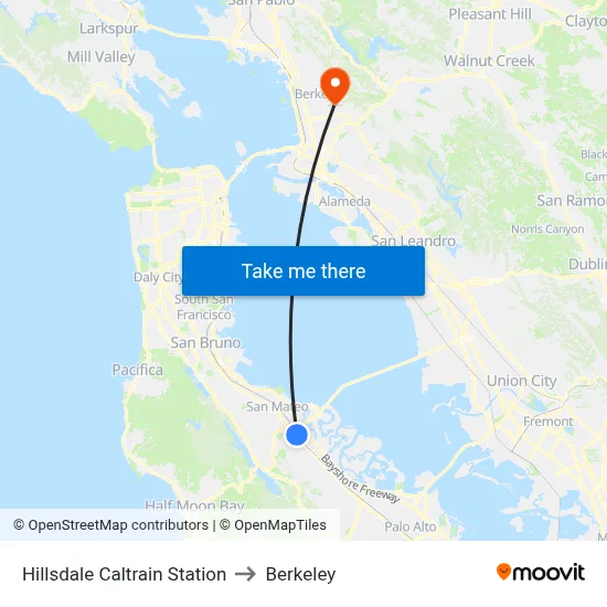 Hillsdale Caltrain Station to Berkeley map