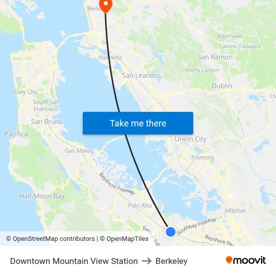 Downtown Mountain View Station to Berkeley map