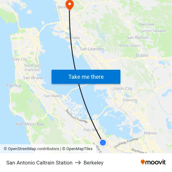 San Antonio Caltrain Station to Berkeley map