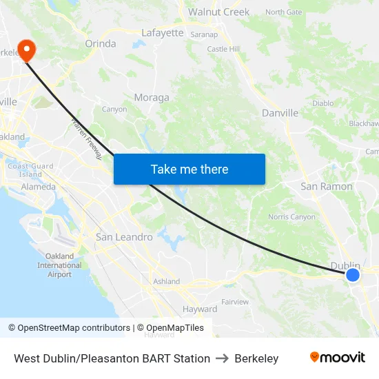 West Dublin/Pleasanton BART Station to Berkeley map