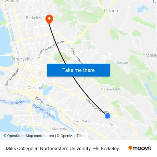 Mills College at Northeastern University to Berkeley map