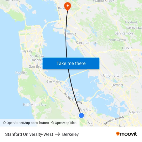 Stanford University-West to Berkeley map