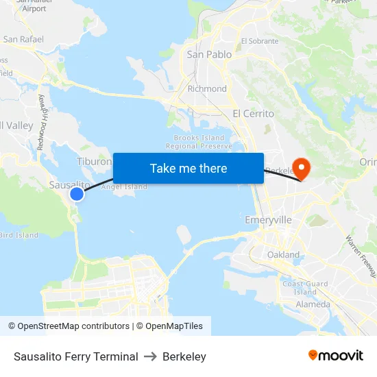 Sausalito Ferry Terminal to Berkeley map