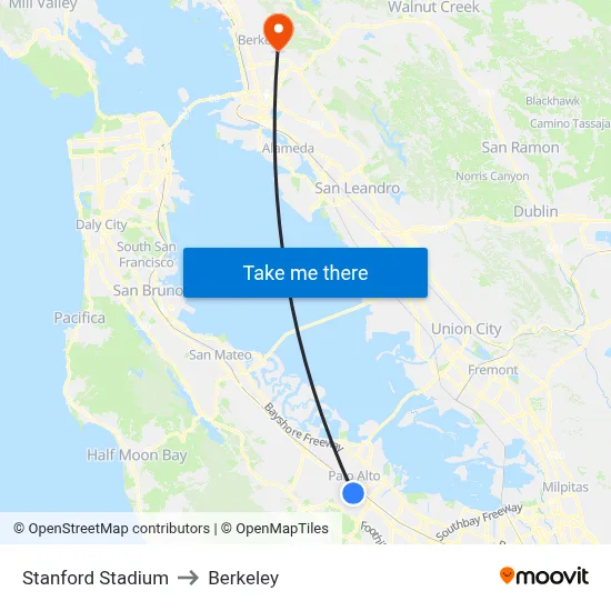 Stanford Stadium to Berkeley map