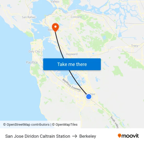 San Jose Diridon Caltrain Station to Berkeley map