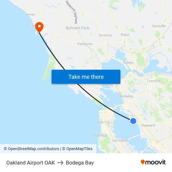 Oakland Airport OAK to Bodega Bay map