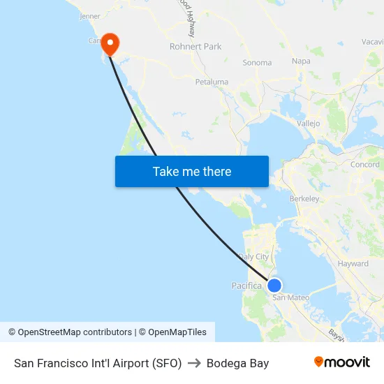 San Francisco Int'l Airport (SFO) to Bodega Bay map