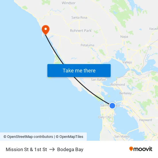 Mission St & 1st St to Bodega Bay map