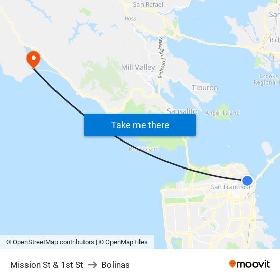 Mission St & 1st St to Bolinas map