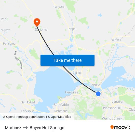 Martinez to Boyes Hot Springs map