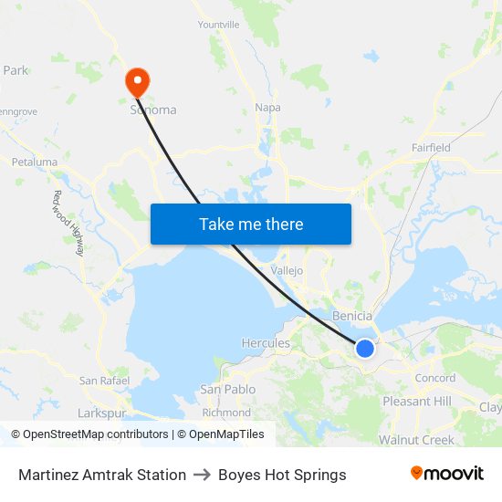 Martinez Amtrak Station to Boyes Hot Springs map