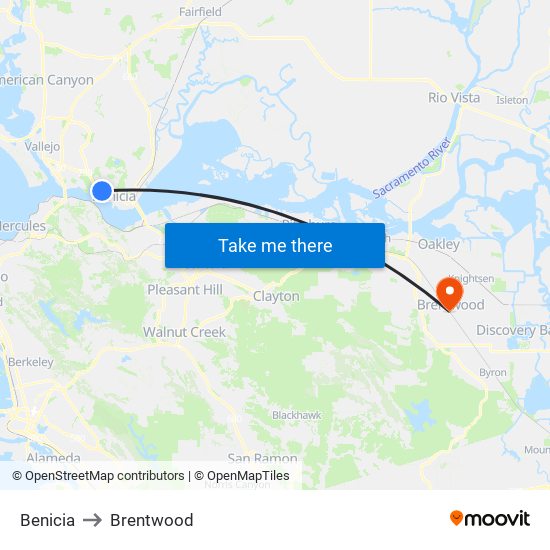 Benicia to Brentwood map