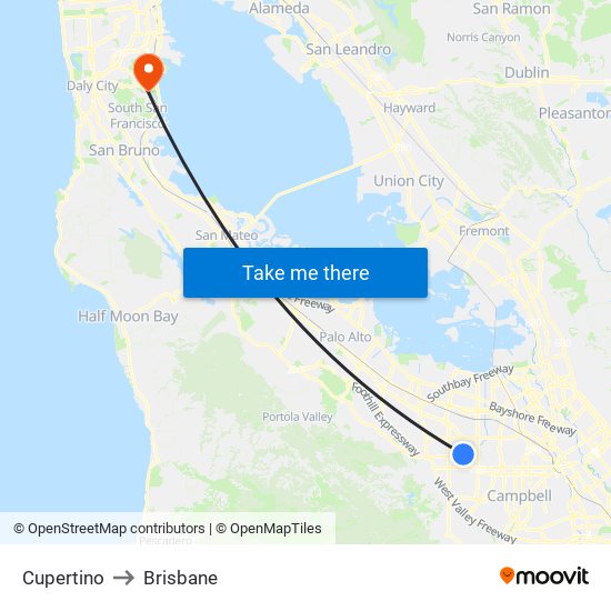 Cupertino to Brisbane map