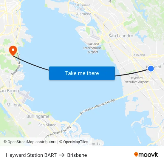 Hayward Station BART to Brisbane map