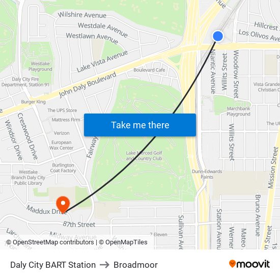 Daly City BART Station to Broadmoor map