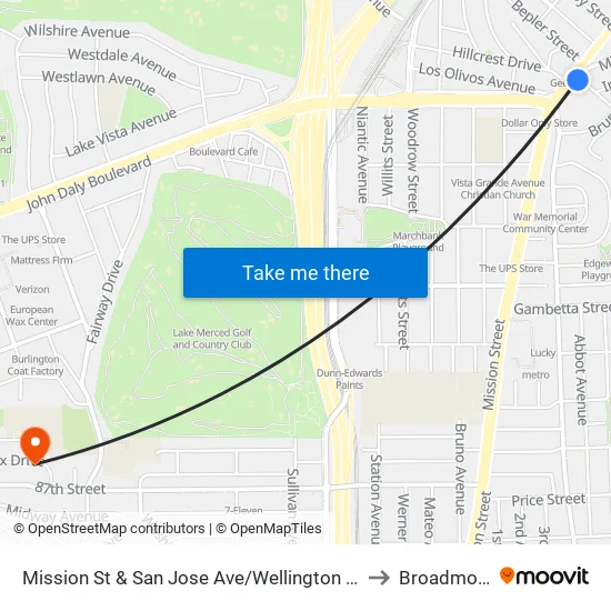 Mission St & San Jose Ave/Wellington Ave to Broadmoor map