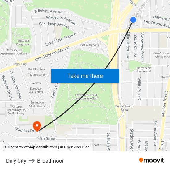 Daly City to Broadmoor map