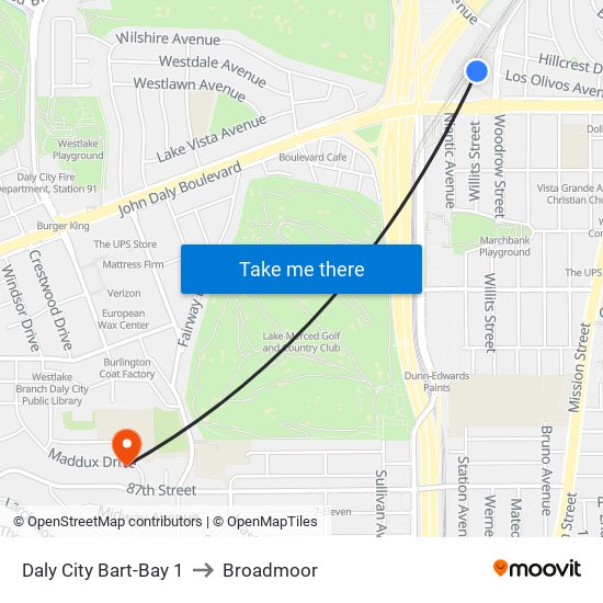 Daly City Bart-Bay 1 to Broadmoor map