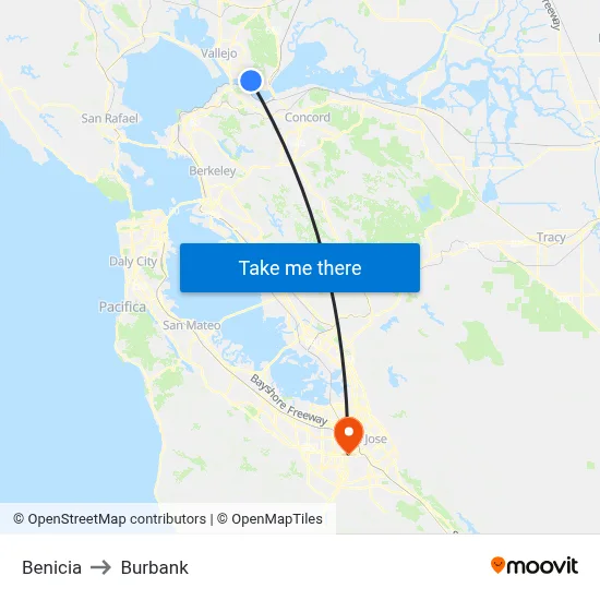 Benicia to Burbank map