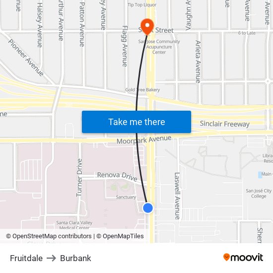 Fruitdale to Burbank map