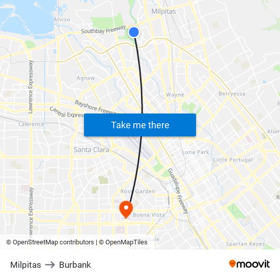 Milpitas to Burbank map