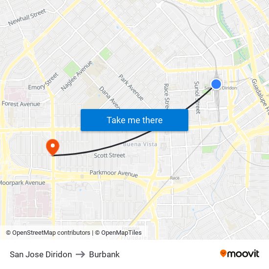 San Jose Diridon to Burbank map