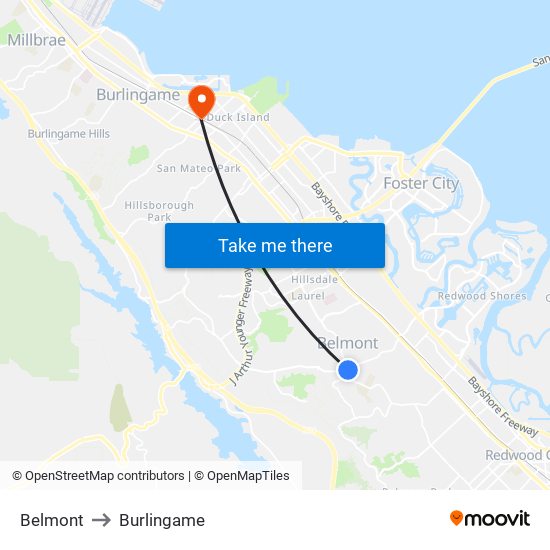 Belmont to Burlingame map