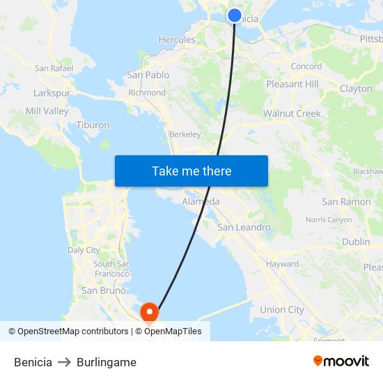 Benicia to Burlingame map