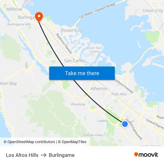 Los Altos Hills to Burlingame map