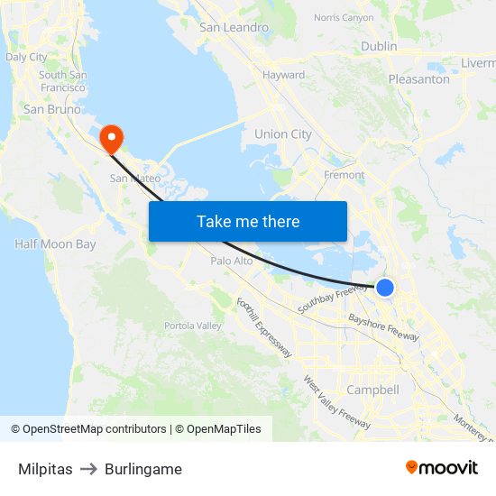 Milpitas to Burlingame map