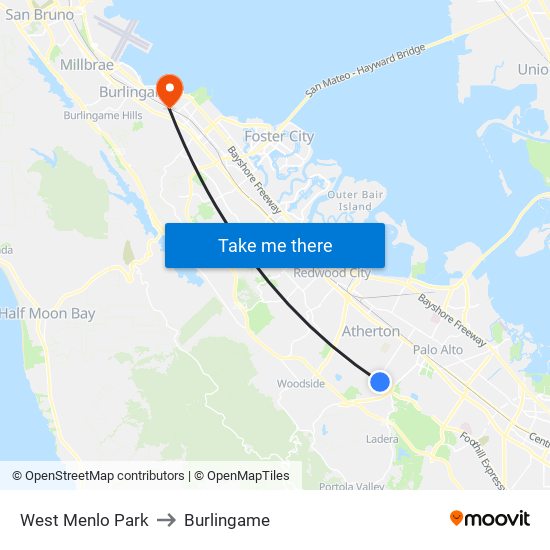 West Menlo Park to Burlingame map