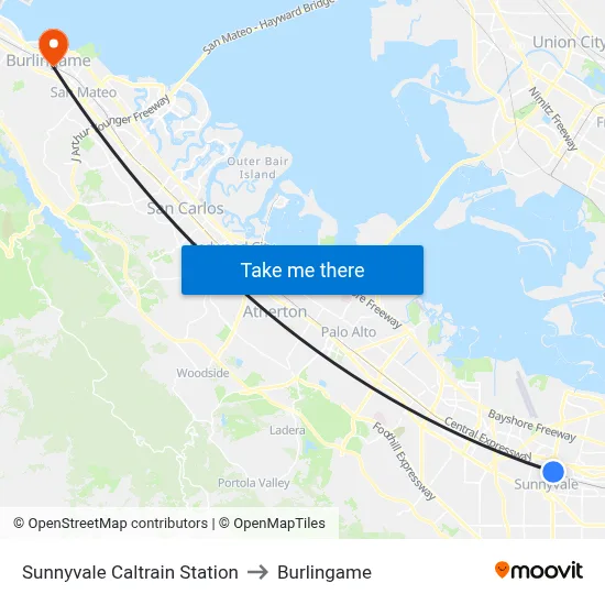 Sunnyvale Caltrain Station to Burlingame map
