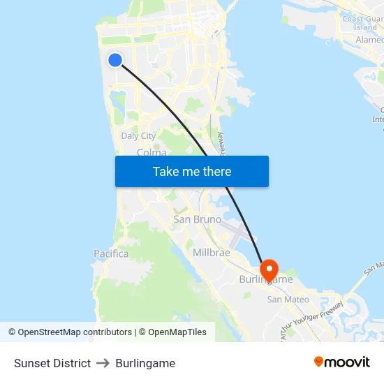Sunset District to Burlingame map
