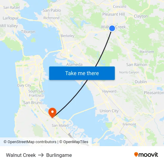 Walnut Creek to Burlingame map