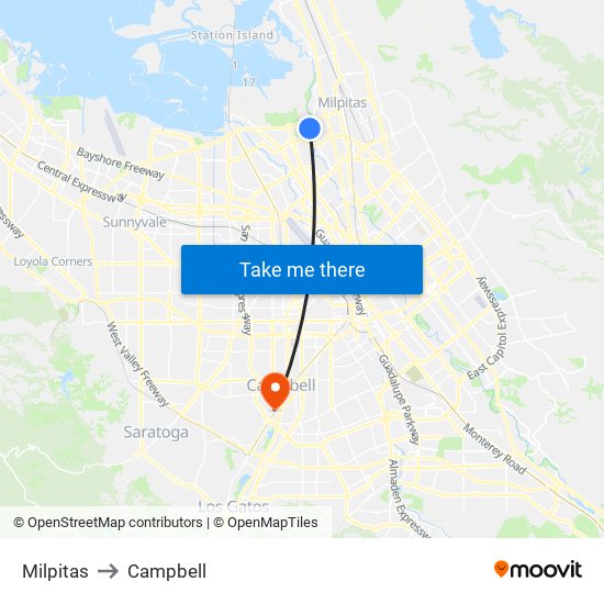 Milpitas to Campbell map