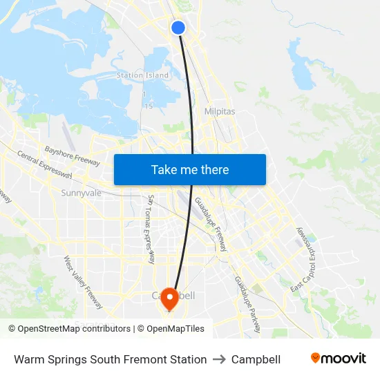 Warm Springs South Fremont Station to Campbell map