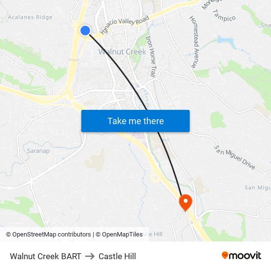 Walnut Creek BART to Castle Hill map