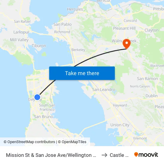 Mission St & San Jose Ave/Wellington Ave to Castle Hill map