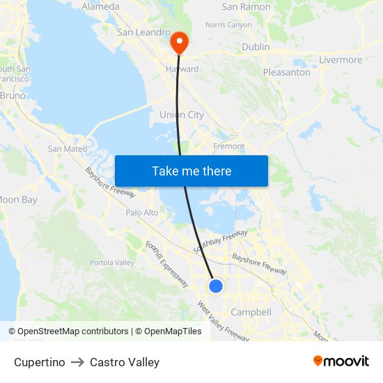 Cupertino to Castro Valley map