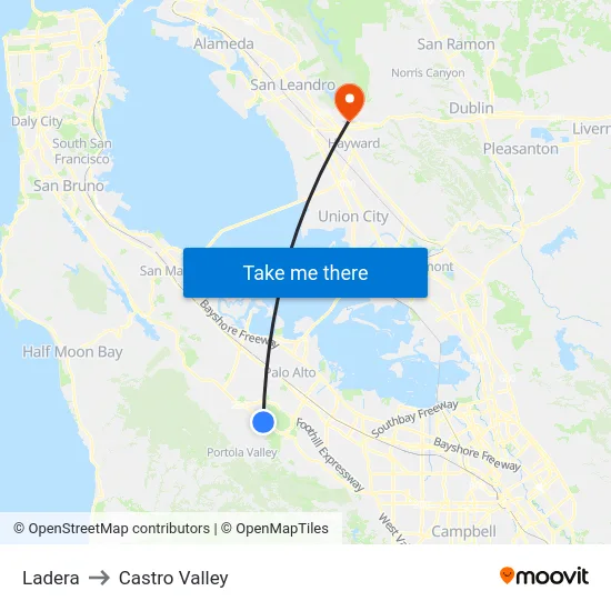 Ladera to Castro Valley map