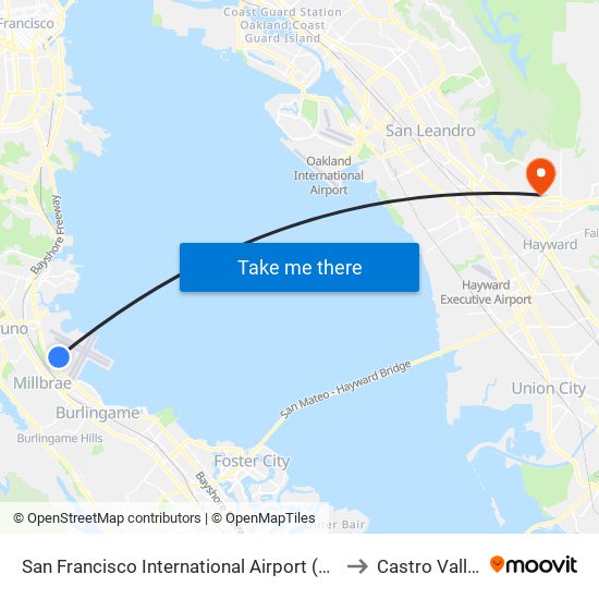 San Francisco International Airport (Sfo) to Castro Valley map