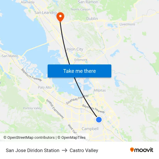 San Jose Diridon Station to Castro Valley map