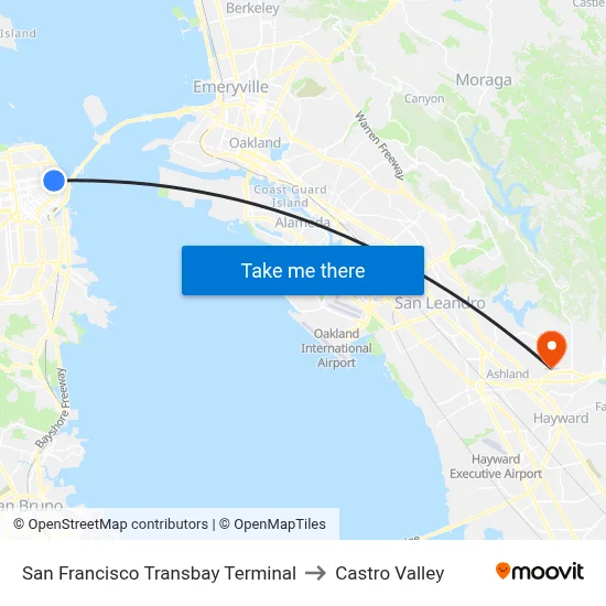 San Francisco Transbay Terminal to Castro Valley map