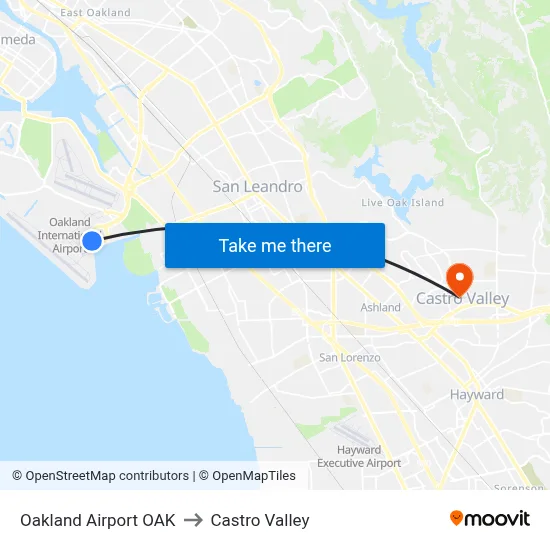 Oakland Airport OAK to Castro Valley map