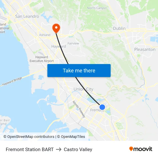 Fremont Station BART to Castro Valley map